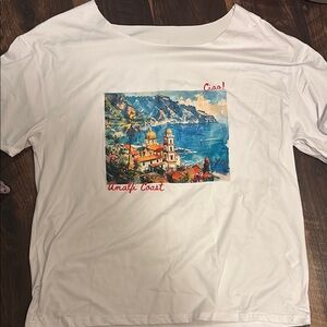 White off the shoulder T-Shirt with Amalfi Coast Print
